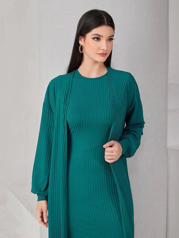 Solid Lantern Sleeve Coat & Ribbed Knit Dress