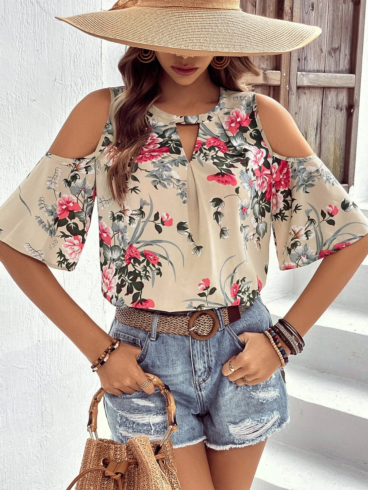 EMERY ROSE Floral Print Cold Shoulder Blouse