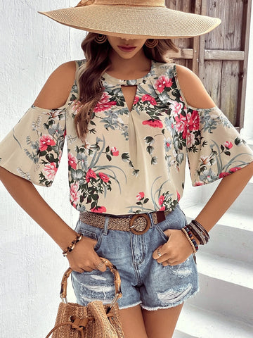 EMERY ROSE Floral Print Cold Shoulder Blouse