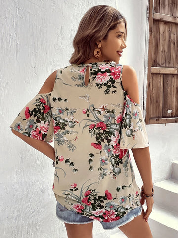 EMERY ROSE Floral Print Cold Shoulder Blouse