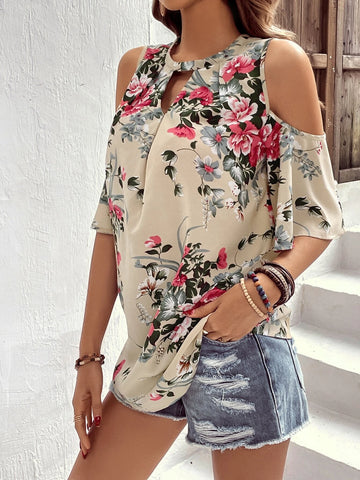 EMERY ROSE Floral Print Cold Shoulder Blouse