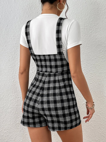 Plaid Print Overall Romper Without Tee