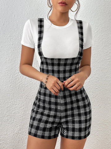 Plaid Print Overall Romper Without Tee