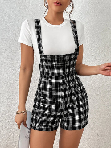 Plaid Print Overall Romper Without Tee