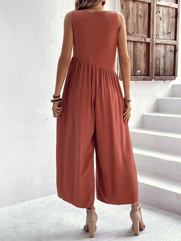 Solid Slant Pocket Wide Leg Jumpsuit