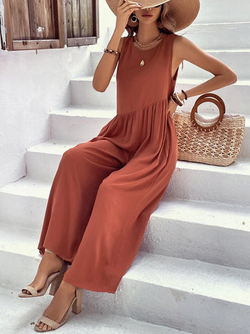Solid Slant Pocket Wide Leg Jumpsuit