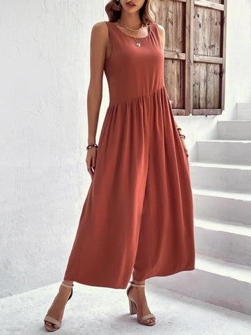 Solid Slant Pocket Wide Leg Jumpsuit
