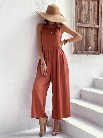 Solid Slant Pocket Wide Leg Jumpsuit
