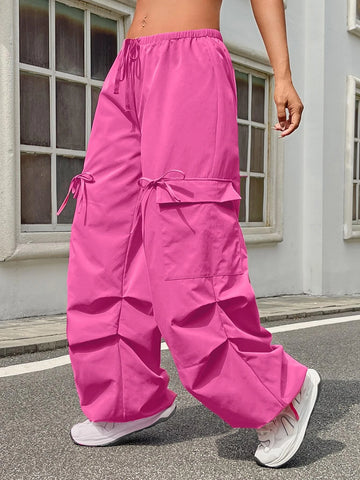 Drawstring Waist Flap Pocket Parachute Cargo Pants