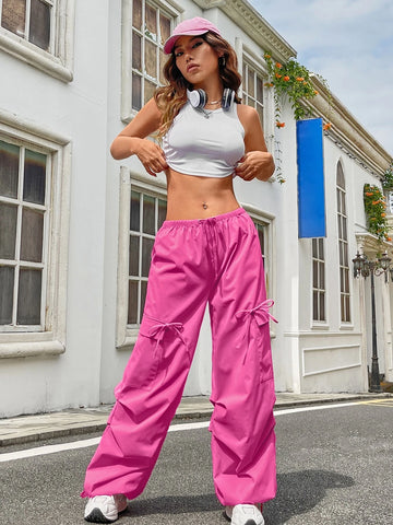 Drawstring Waist Flap Pocket Parachute Cargo Pants