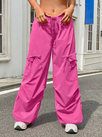 Drawstring Waist Flap Pocket Parachute Cargo Pants