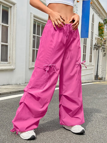 Drawstring Waist Flap Pocket Parachute Cargo Pants