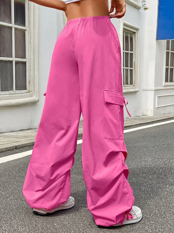 Drawstring Waist Flap Pocket Parachute Cargo Pants