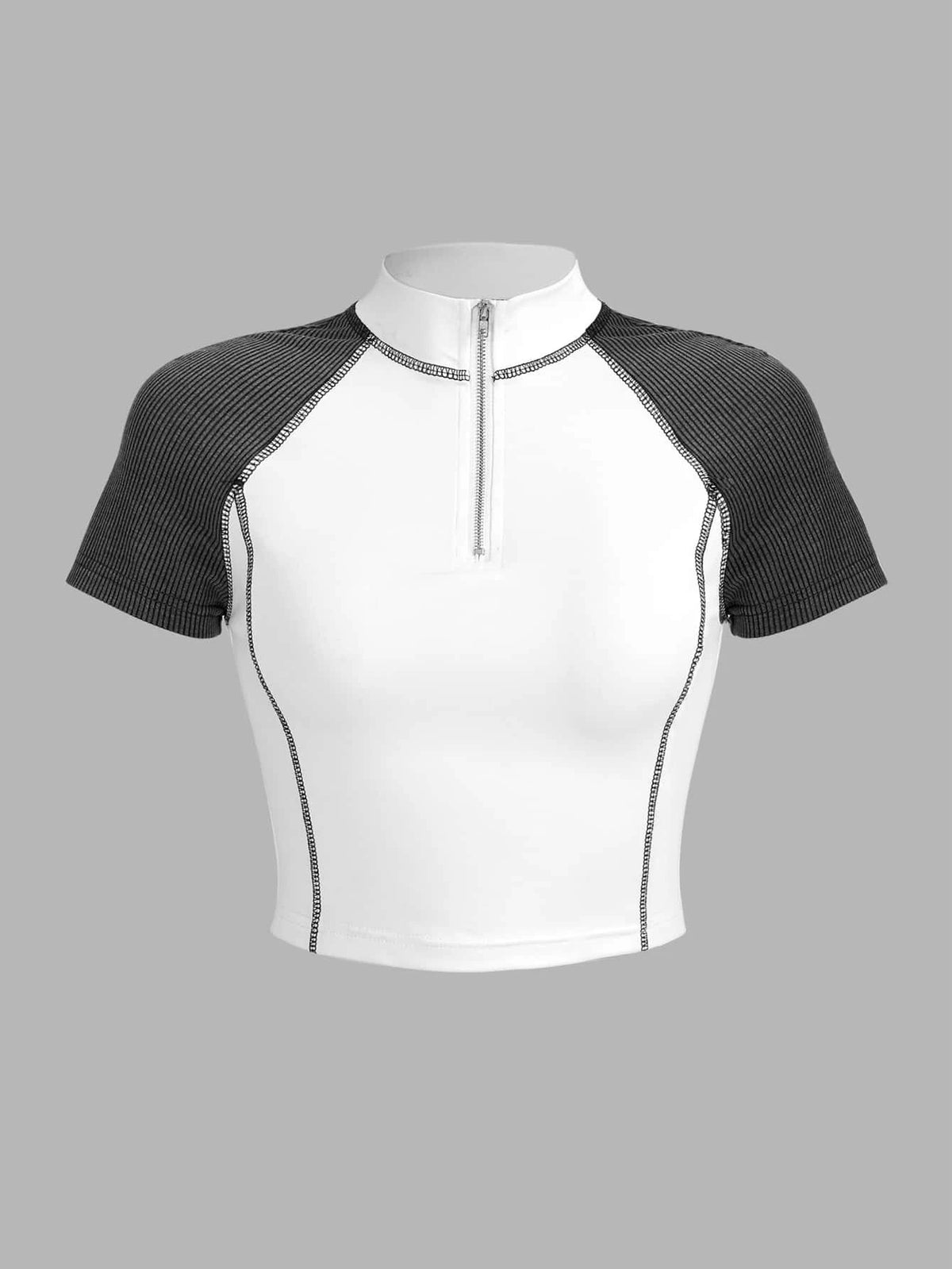 Bikercore Top-stitching Half Zip Colorblock Raglan Sleeve Crop Tee