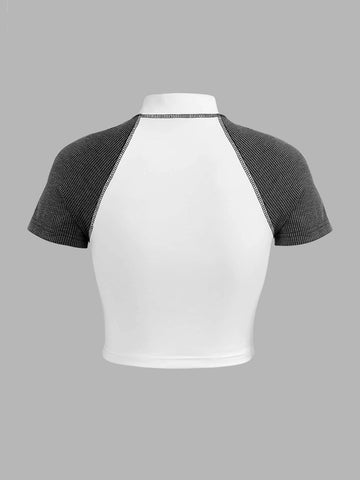 Bikercore Top-stitching Half Zip Colorblock Raglan Sleeve Crop Tee