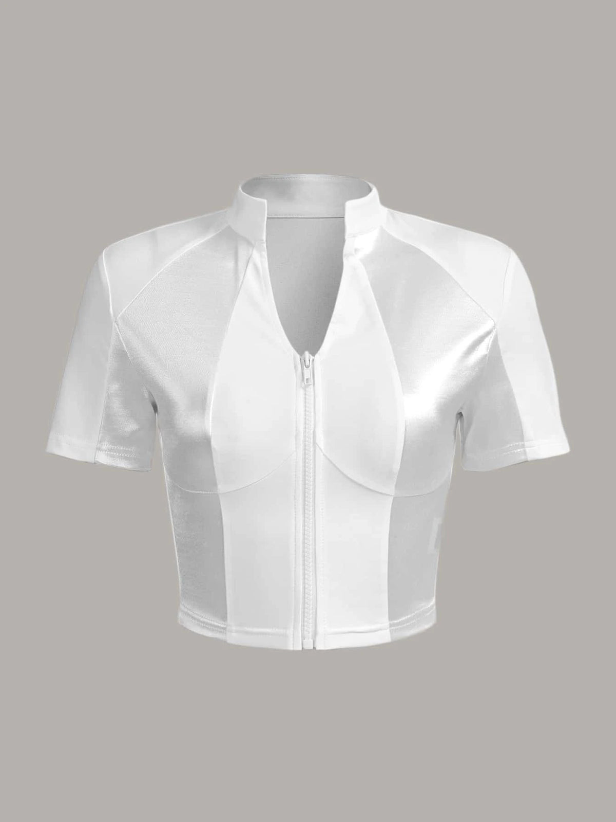 Notched Neckline Zip Up Crop Tee