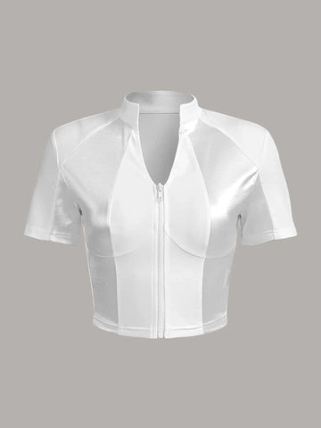 Notched Neckline Zip Up Crop Tee