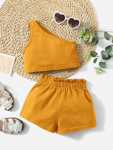 Baby One Shoulder Top & Paper Bag Waist Shorts