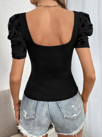 Unity Contrast Mesh Puff Sleeve Sweetheart Neck Tee