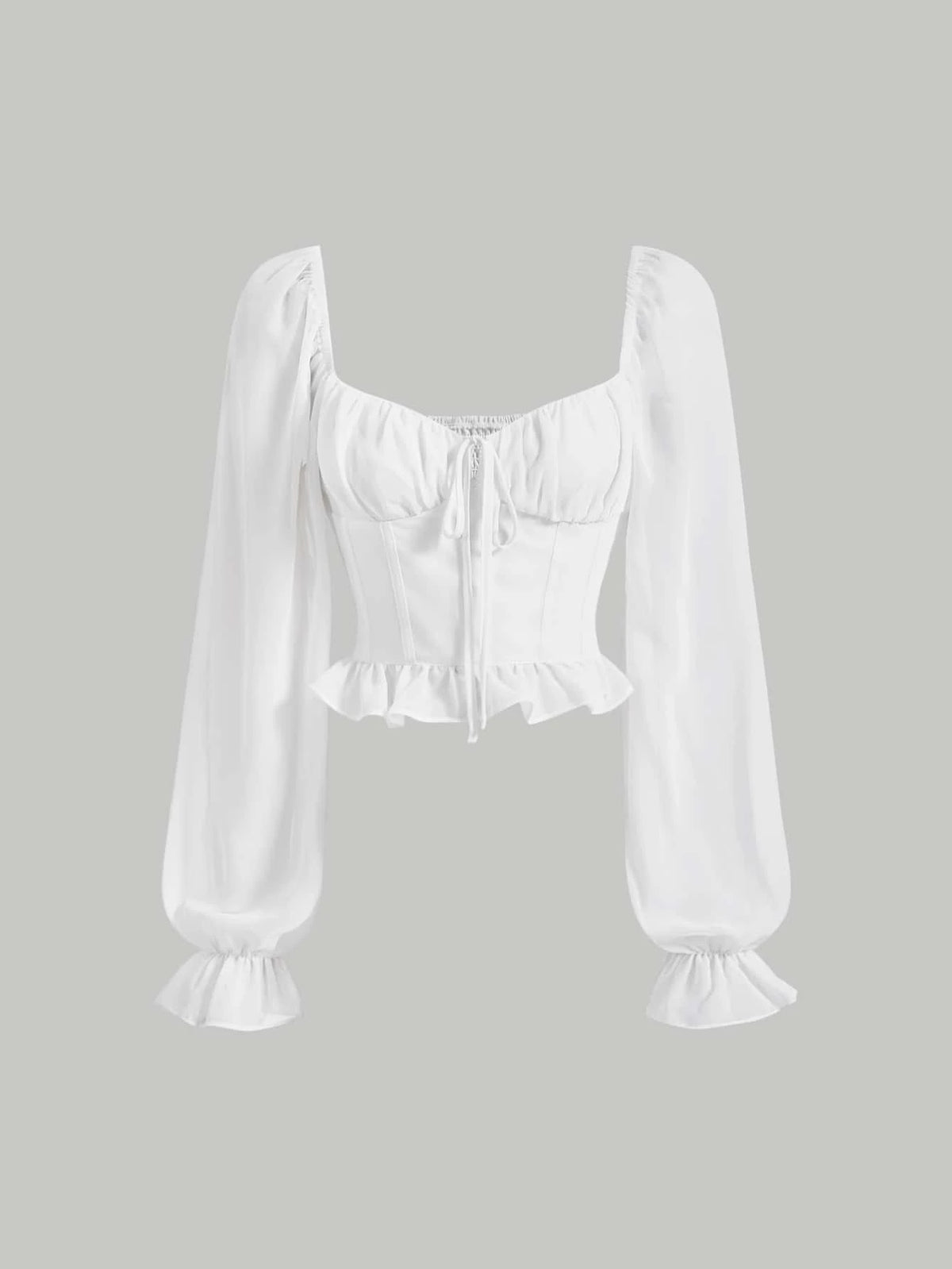 MOD Ruched Bust Tie Front Flounce Sleeve Ruffle Hem Blouse