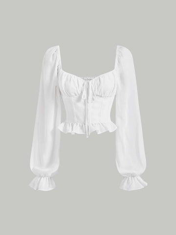 MOD Ruched Bust Tie Front Flounce Sleeve Ruffle Hem Blouse