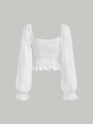 MOD Ruched Bust Tie Front Flounce Sleeve Ruffle Hem Blouse