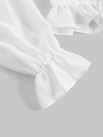MOD Ruched Bust Tie Front Flounce Sleeve Ruffle Hem Blouse