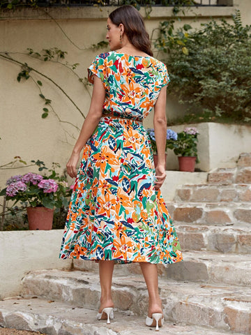 Allover Print Batwing Sleeve Top & Belted Skirt