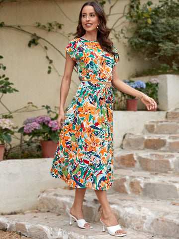 Allover Print Batwing Sleeve Top & Belted Skirt