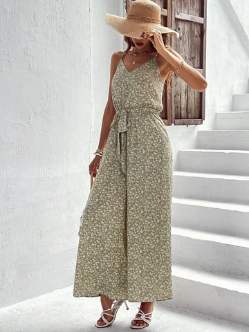 EMERY ROSE Ditsy Floral Print Belted Cami Jumpsuit