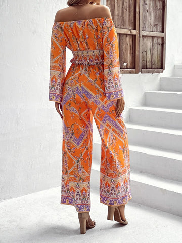 Paisley & Scarf Print Off Shoulder Flounce Sleeve Top & Wide Leg Pants