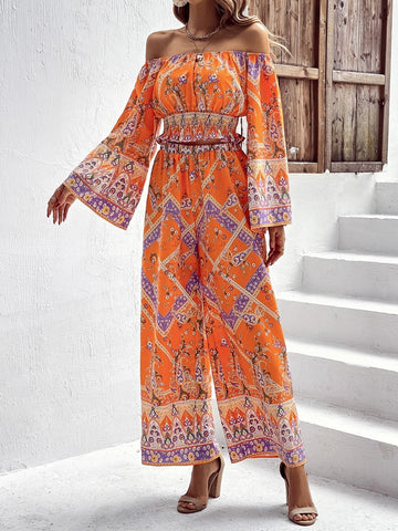 Paisley & Scarf Print Off Shoulder Flounce Sleeve Top & Wide Leg Pants