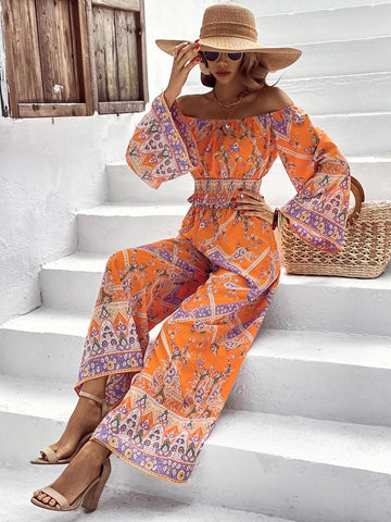 Paisley & Scarf Print Off Shoulder Flounce Sleeve Top & Wide Leg Pants