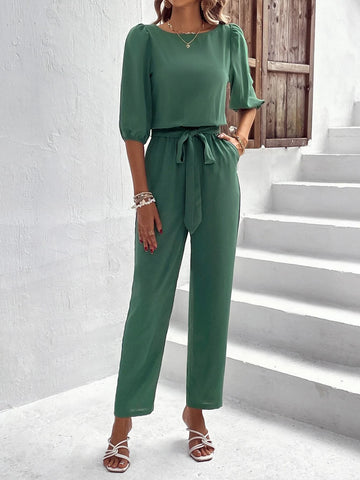 EMERY ROSE Solid Puff Sleeve Belted Jumpsuit
