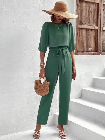 EMERY ROSE Solid Puff Sleeve Belted Jumpsuit