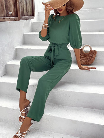 EMERY ROSE Solid Puff Sleeve Belted Jumpsuit