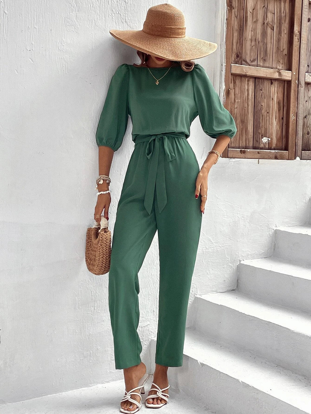 EMERY ROSE Solid Puff Sleeve Belted Jumpsuit