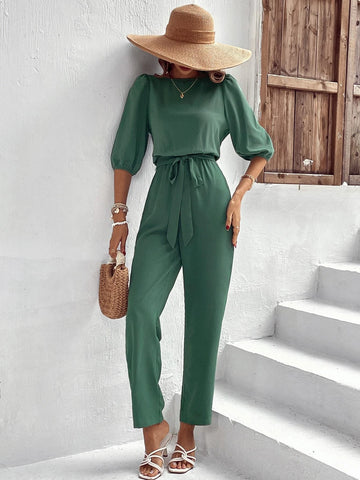 EMERY ROSE Solid Puff Sleeve Belted Jumpsuit