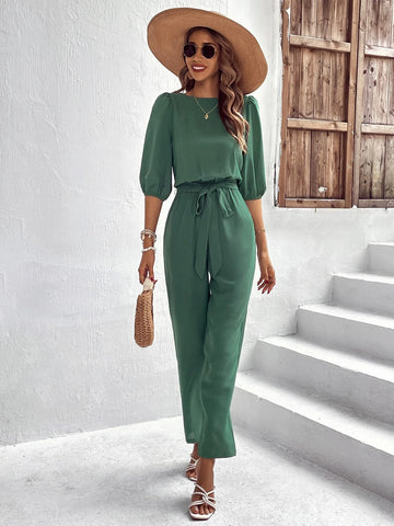 EMERY ROSE Solid Puff Sleeve Belted Jumpsuit