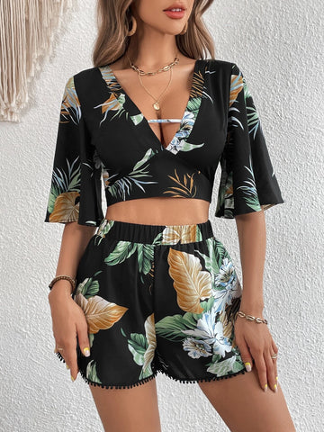 Tropical Print Cut Out Crop Top & Shorts