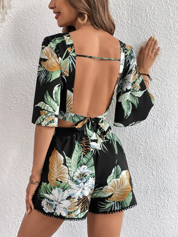 Tropical Print Cut Out Crop Top & Shorts
