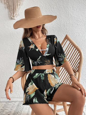 Tropical Print Cut Out Crop Top & Shorts