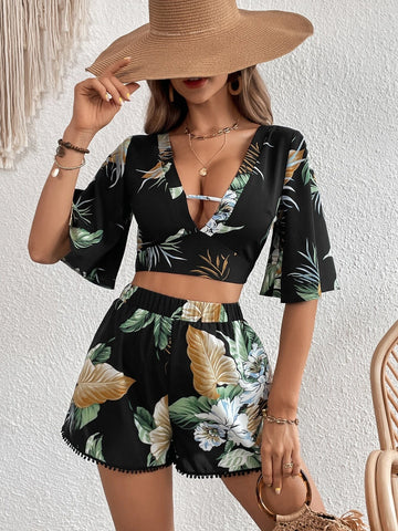 Tropical Print Cut Out Crop Top & Shorts