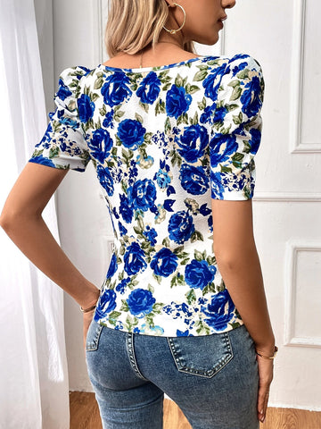 VCAY Floral Print Square Neck Puff Sleeve Tee