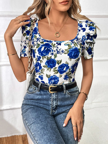 VCAY Floral Print Square Neck Puff Sleeve Tee