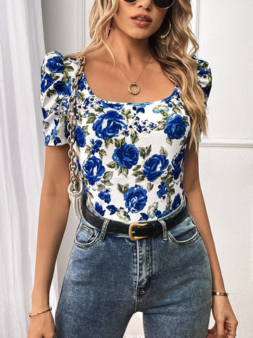 VCAY Floral Print Square Neck Puff Sleeve Tee