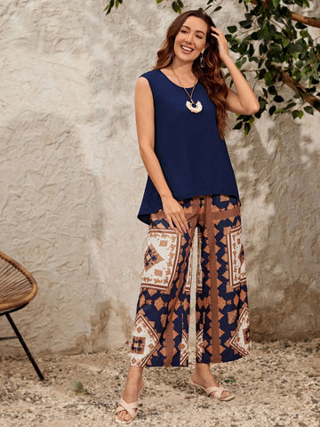 Solid Tank Top & Scarf Print Wide Leg Pants