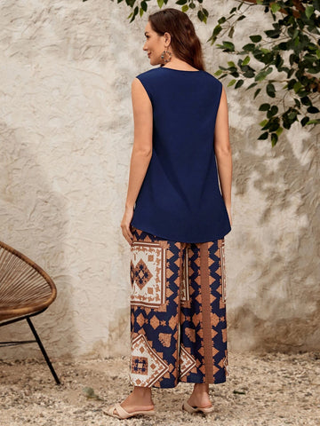 Solid Tank Top & Scarf Print Wide Leg Pants