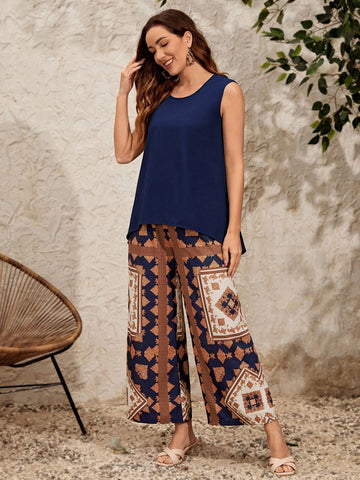 Solid Tank Top & Scarf Print Wide Leg Pants