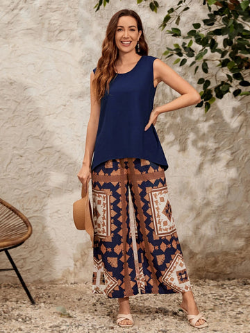 Solid Tank Top & Scarf Print Wide Leg Pants